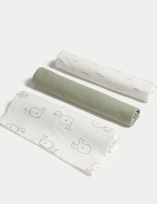 M&S Boy's 3pk Pure Cotton Whale Muslin Squares - Green Mix, Green Mix