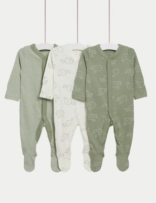 M&S Boys 3pk Pure Cotton Whale & Striped Sleepsuits (5lbs-3 Yrs) - TINY - Green Mix, Green Mix