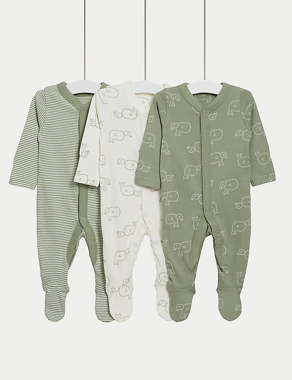 3pk Pure Cotton Whale & Striped Sleepsuits (5lbs-3 Yrs) - LT