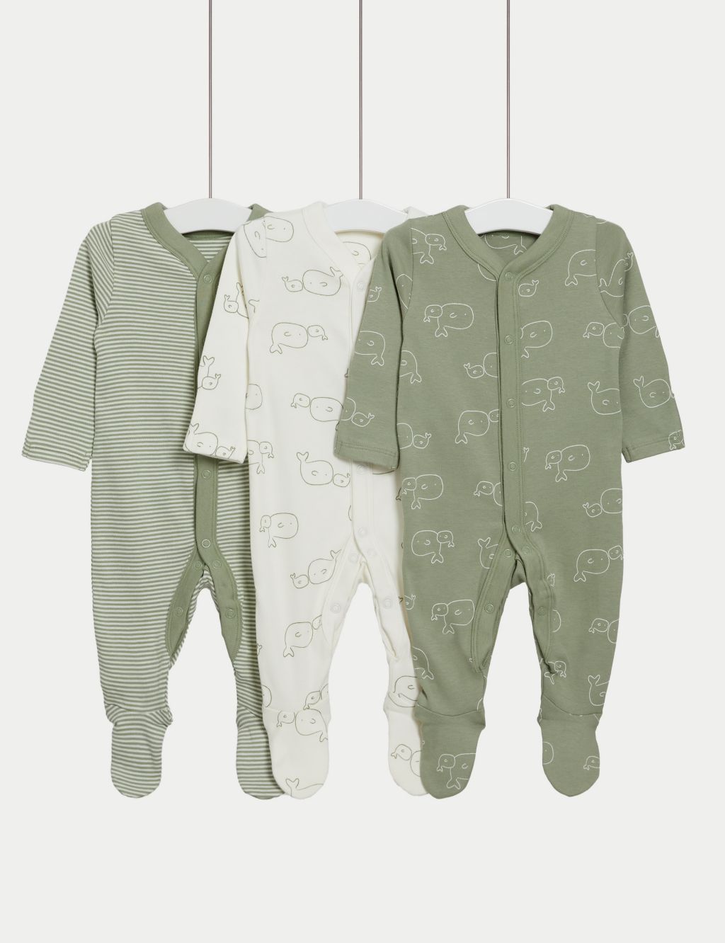3pk Pure Cotton Whale & Striped Sleepsuits (5lbs-3 Yrs) image 1