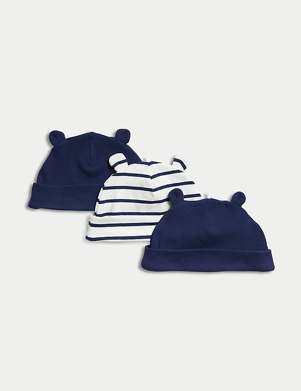 3pk Cotton Rich Striped & Ear Hats (0-1 Yrs) - FR