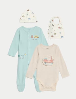 M&S Boys 4pc Cotton Rich Transport Starter Set (7lbs-1 Yrs) - 1 M - Light Teal, Light Teal