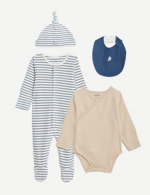 M&S Boys 4pc Cotton Rich Striped Starter Set (7lbs-1 Yrs) - 1 M - Navy Mix, Navy Mix