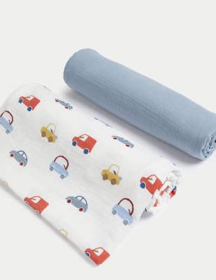 M&S Boys 2pk Pure Cotton Large Transport Muslin Squares - Light Blue Mix, Light Blue Mix