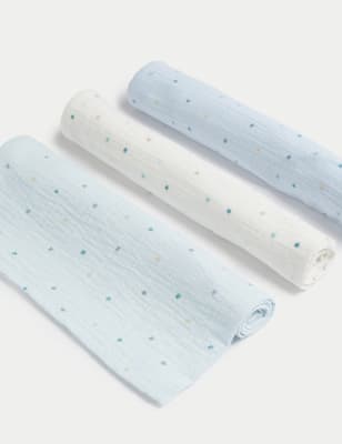 M&S Boy's 3pk Pure Cotton Star Muslin Squares - Aqua Mix, Aqua Mix