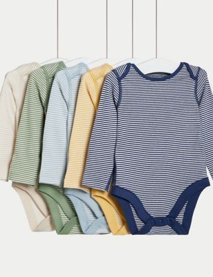 M&S Boy's 5pk Pure Cotton Striped Bodysuits (0-3 Yrs) - TINY - Multi, Multi