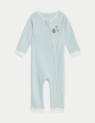 M&S Boys Pure Cotton Striped Bear Zip Sleepsuit (7lbs-1 Yrs) - NB - Teal Mix, Teal Mix