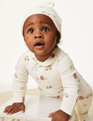 2pc Pure Cotton Printed Sleepsuit & Hat Set (7lbs-1 Yrs) - LV