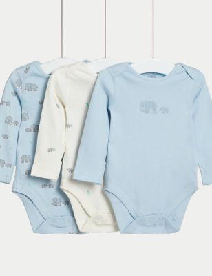 M&S Boys 3pk Pure Cotton Elephant Print Bodysuits (0-3 Yrs) - 1 M - Ice Blue, Ice Blue