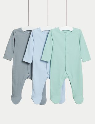 M&S Boys 3pk Pure Cotton Sleepsuits (0-3 Yrs) - TINY - Teal Mix, Teal Mix