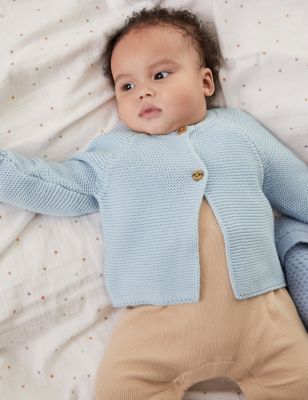 M&S Boys Pure Cotton Knitted Cardigan (7lbs-1 Yrs) - 3-6 M - Ice Blue, Ice Blue