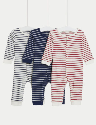 M&S Boys 3pk Pure Cotton Striped Sleepsuits (6lbs-3 Yrs) - TINY - Indigo Mix, Indigo Mix