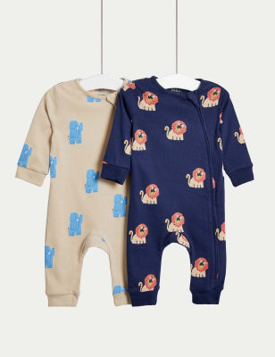 

M&S Collection 2pk Pure Cotton Lion & Elephant Sleepsuits (6½lbs-3 Yrs) - Indigo Mix, Indigo Mix