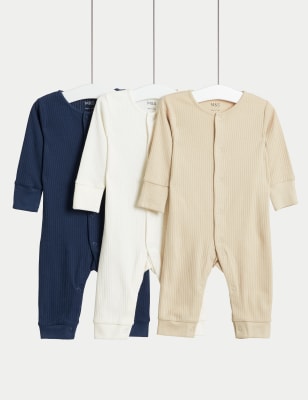 

M&S Collection 3pk Pure Cotton Ribbed Sleepsuits (6½lbs-3 Yrs) - Indigo Mix, Indigo Mix