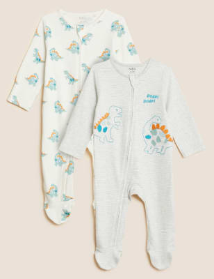 

M&S Collection 2er-Pack Schlafanzüge aus reiner Baumwolle mit Dinosauriermuster (0-3 J.) - Grey Mix, Grey Mix