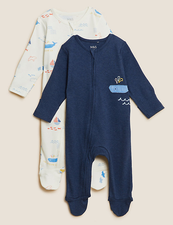 2pk Pure Cotton Whale Sleepsuits (0-3 Yrs) - NL