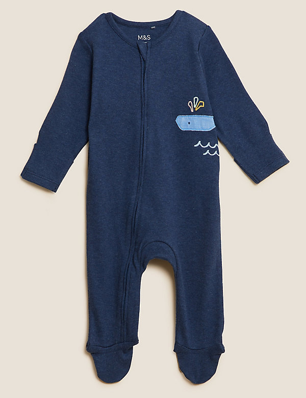 2pk Pure Cotton Whale Sleepsuits (0-3 Yrs)