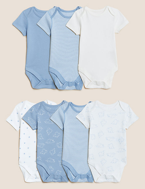 Marks And Spencer Boys M&S Collection 7pk Pure Cotton Bodysuits (5lbs - 3 Yrs) - Blue Mix