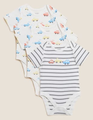 Marks And Spencer Boys M&S Collection 3pk Cotton Rich Transport Bodysuits (61/2 lbs - 3 Yrs) - Cream Mix