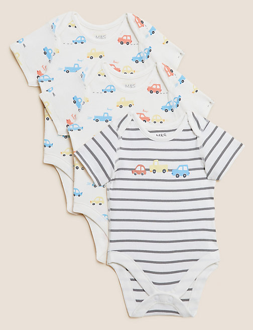 Marks And Spencer Boys M&S Collection 3pk Cotton Rich Transport Bodysuits (61/2 lbs - 3 Yrs) - Cream Mix, Cream Mix