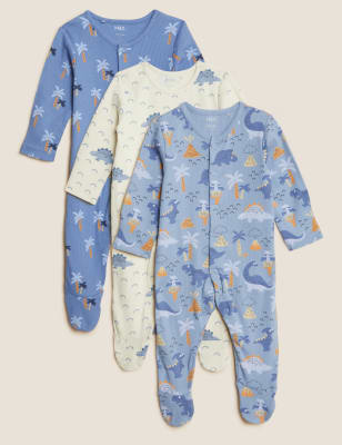 3pk Cotton Rich Dinosaur Sleepsuits