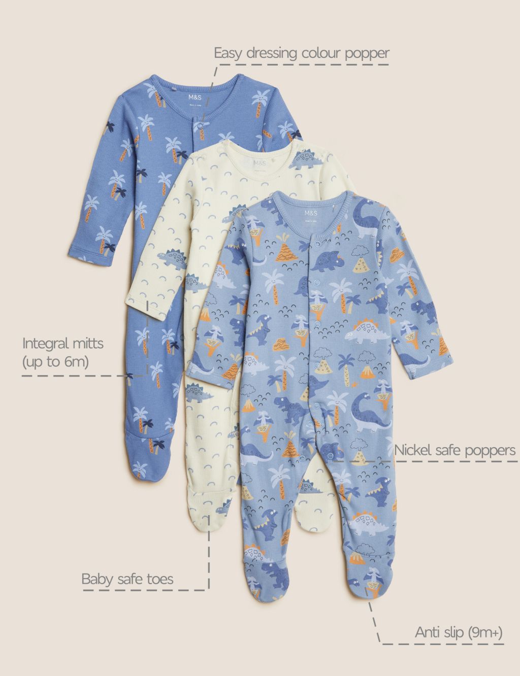 3pk Cotton Rich Dinosaur Sleepsuits (61/2lbs - 3 Yrs) image 9