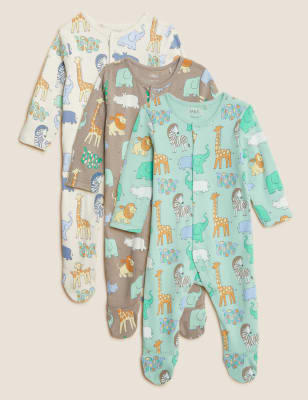 3pk Pure Cotton Safari Sleepsuits