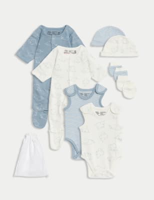 

M&S Collection 8-teilige Erstausstattung für Frühchen aus reiner Baumwolle mit Elefantenmotiv - Blue Mix, Blue Mix