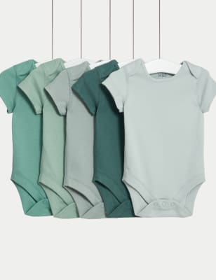 M&S 5pk Pure Cotton Bodysuits (0-3 Yrs) - NB - Green Mix, Green Mix