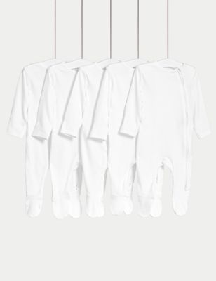 M&S 5pk Pure Cotton Sleepsuits (5lbs- 3 Yrs) - 6-9 M - White, White