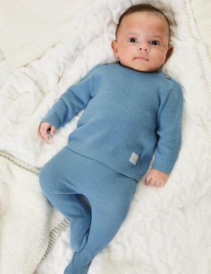 M&S 2pc Knitted Outfit (7lbs-12 Mths) - NB - Light Steel Blue, Light Steel Blue
