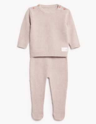 M&S 2pc Knitted Outfit (7lbs-1 Yrs) - 1 M - Nude, Nude,Light Steel Blue