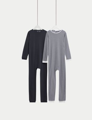 M&S 2pk Pure Cotton Back Opening Sleepsuits (3-16 Yrs) - 9-10Y - Pewter, Pewter