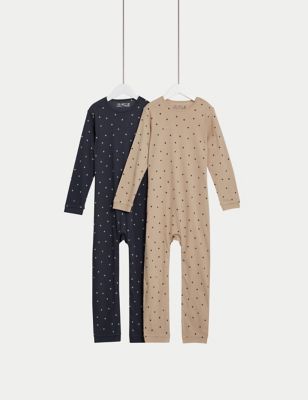 M&S 2pk Pure Cotton Star Sleepsuits (3-16 Yrs) - 9-10Y - Oatmeal Mix, Oatmeal Mix