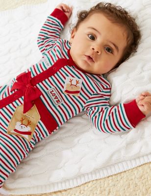 Pure Cotton Striped Christmas Sleepsuit (0-3 Yrs) - SE