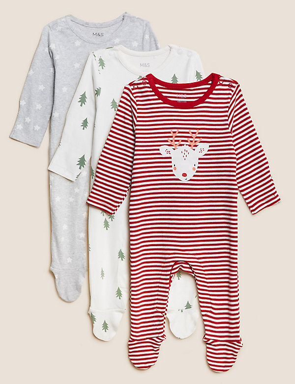 3pk Cotton Rich Christmas Sleepsuits (0-3 Yrs) - BE