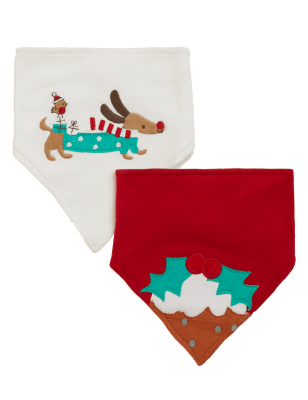 

Unisex,Boys,Girls M&S Collection 2pk Pure Cotton Christmas Dribble Bibs - Red Mix, Red Mix