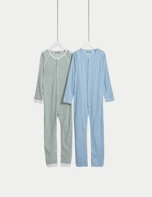 M&S 2pk Adaptive Pure Cotton Sleepsuits (7lbs-16 Yrs) - 15-16 - Blue/Green, Blue/Green