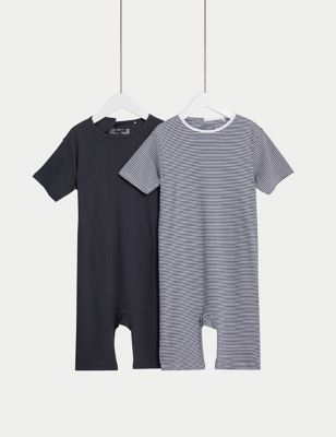 M&S 2pk Adaptive Pure Cotton Rompers (3-16 Yrs) - 4-5Y - Pewter, Pewter