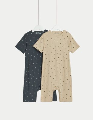 M&S 2Pk Adaptive Pure Cotton Star Rompers (3-16 Yrs) - 4-5Y - Oatmeal Mix, Oatmeal Mix