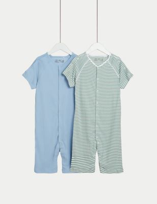 M&S 2pk Adaptive Pure Cotton Rompers (3-16 Yrs) - 9-10Y - Blue/Green, Blue/Green