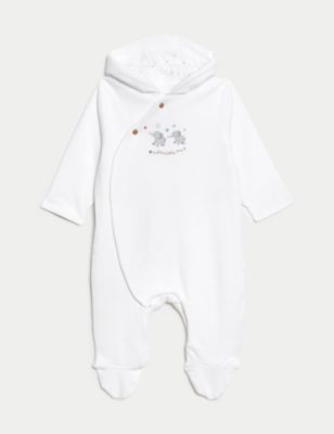 M&S Pure Cotton Hooded Elephant All in One (7lbs-1 Yrs) - 9-12M - White Mix, White Mix