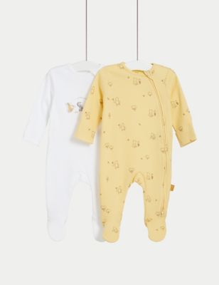 M&S Pure Cotton Winnie the Pooh Sleepsuit (7lbs-3 Yrs) - 1 M - Soft Yellow, Soft Yellow