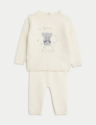 M&S 2pc Born in 2024 Knitted Elephant Outfit (7lbs-9 Mths) - 1 M - White Mix, White Mix
