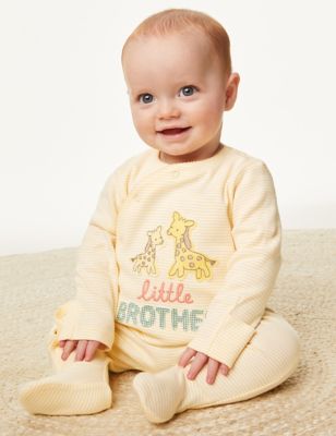M&S Pure Cotton Little Brother Slogan Sleepsuit (0-9 Mths) - 1 M - Yellow Mix, Yellow Mix