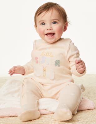 M&S Pure Cotton Little Sister Slogan Sleepsuit (7lbs-9 Mths) - 1 M - Peach Mix, Peach Mix