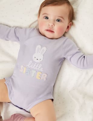 M&S Pure Cotton Little Sister Slogan Bodysuit (7lbs-9 Mths) - 1 M - Lilac Mix, Lilac Mix