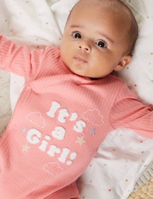 M&S Girl's Pure Cotton It's a Girl Bodysuit (0-3 Mths) - Pink Mix, Pink Mix