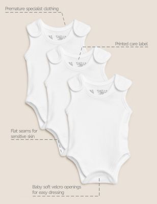 M&S 3pk Pure Cotton Premature Bodysuits (3lbs-4lbs) - PREM4 - White, White