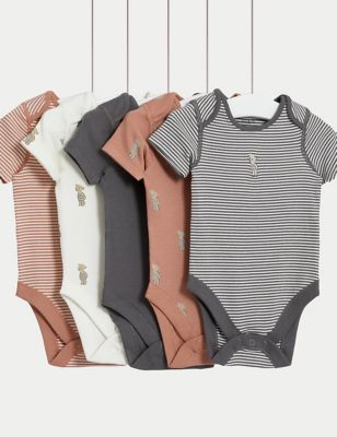 M&S 5pk Cotton Rich Bear & Striped Bodysuits (0-3 Yrs) - TINY - Sandstone, Sandstone
